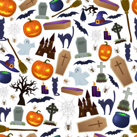 Seamless background of Halloween icons for decoration. Colorful scary Halloween illustration. Vectorのイラスト素材