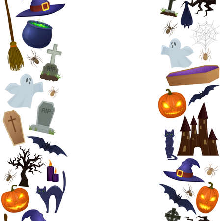 Seamless vertical borders of Halloween icons for decoration. Colorful scary Halloween illustration. Vectorのイラスト素材