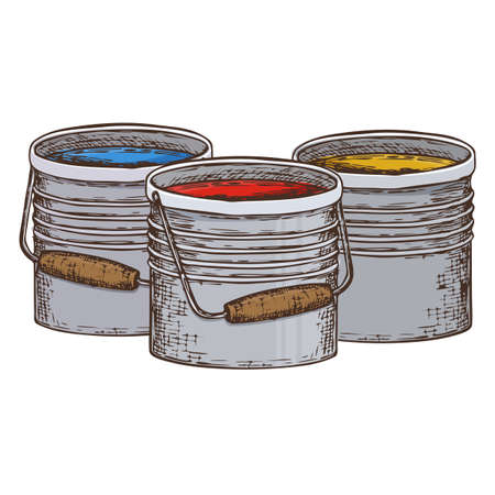 Buckets of paint on white background, colorful sketch illustration of repair tool. Vectorのイラスト素材