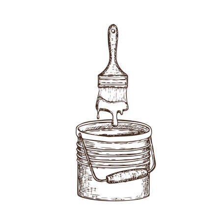 Bucket with paint and brush on white background, cartoon illustration of repair tool. Vectorのイラスト素材