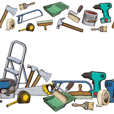 Seamless horizontal borders of building repair tools, colorful sketch illustration of repair tool. Vectorのイラスト素材