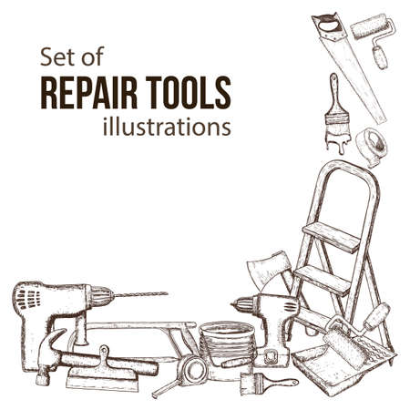 Set of building repair tools, sketch illustration of repair tool. Vectorのイラスト素材