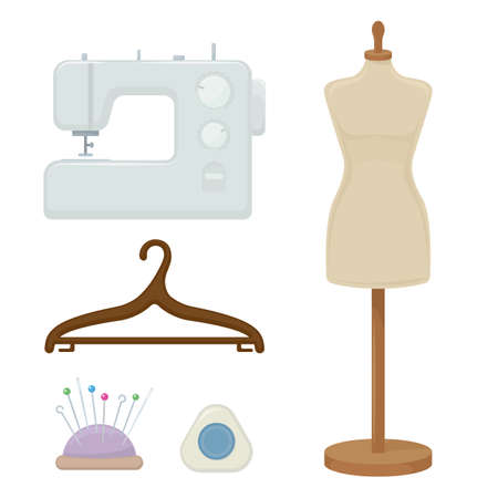 Female tailors dummy, sewing machine, hanger, cartoon illustration of tool for for sewing. Vectorのイラスト素材