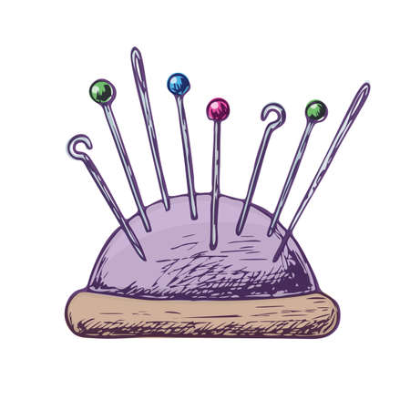 Needles and pins on white background, colorful sketch illustration of of accessories for handicrafts. Vectorのイラスト素材