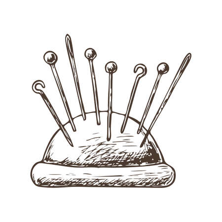 Needles and pins on white background, sketch illustration of accessories for sewing. Vectorのイラスト素材