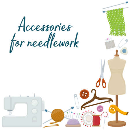 Set of tools for needlework and sewing. Handmade equipment and needlework accessoriesy, cartoon illustration. Vectorのイラスト素材