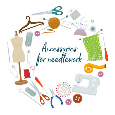 Set of tools for needlework and sewing. Handmade equipment and needlework accessoriesy, cartoon illustration. Vectorのイラスト素材