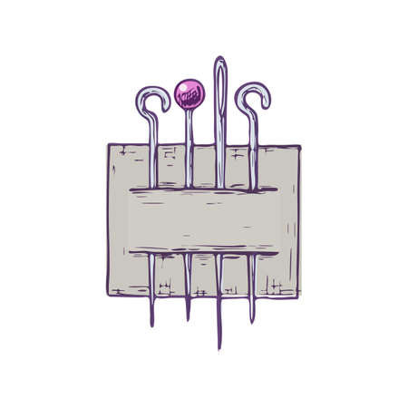 Needles and pins on white background, colorful sketch illustration of accessories for sewing. Vectorのイラスト素材