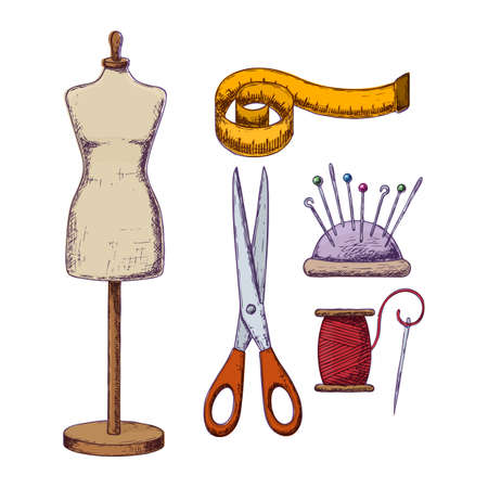 Female tailors dummy and accessories for sewing. Vectorのイラスト素材