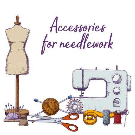 Set of tools for needlework and sewing. Handmade equipment and needlework accessoriesy, colorful sketch illustration. Vectorのイラスト素材