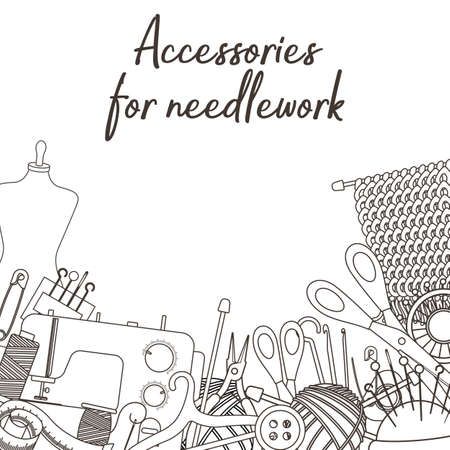 Set of tools for needlework and sewing. Handmade equipment and needlework accessoriesy, line cartoon illustration. Vectorのイラスト素材