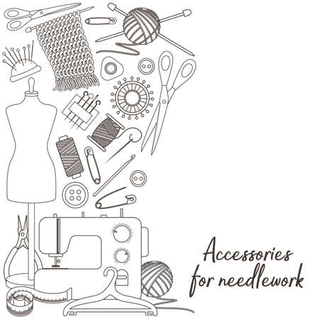 Set of tools for needlework and sewing. line cartoon illustration. Vectorのイラスト素材