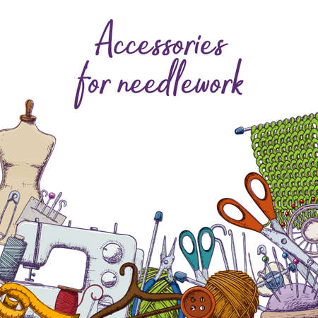 Set of tools for needlework and sewing. colorful sketch illustration. Vectorのイラスト素材