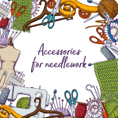 Set of tools for needlework and sewing. Handmade equipment and needlework accessories.のイラスト素材