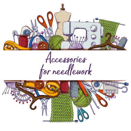 Set of tools for needlework and sewing. Handmade equipment and needlework accessories.のイラスト素材
