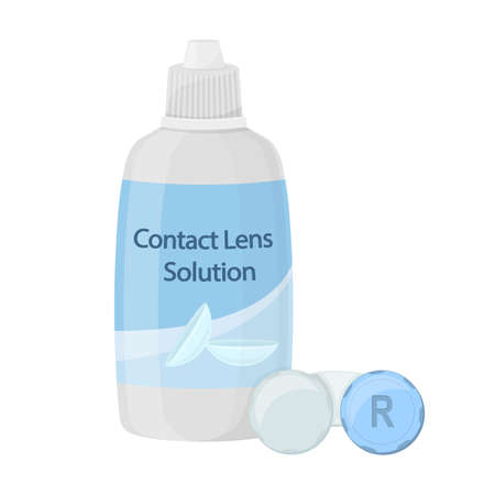 Contact lens solution and lens case on white background, cartoon illustration of medical accessory for correct vision. Vectorのイラスト素材