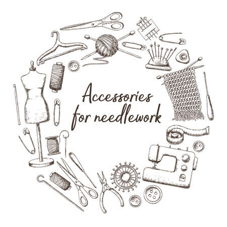 Set of tools for needlework and sewing. Handmade equipment and needlework accessories.のイラスト素材