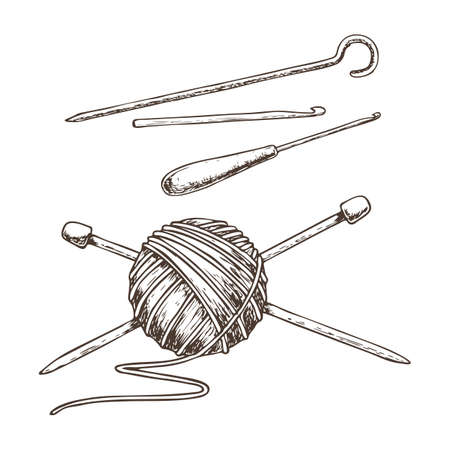 Tangle of yarn and knitting needles, sketch illustration of accessories for handicrafts. Vectorのイラスト素材
