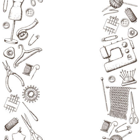 Seamless vertical borders of tools for needlework and sewing. Handmade equipment and needlework accessories.のイラスト素材