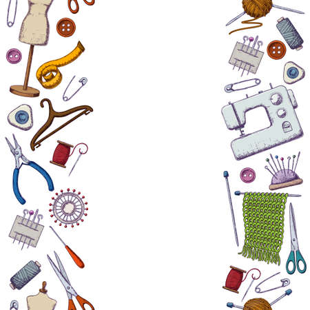 Seamless vertical borders of tools for needlework and sewing. Handmade equipment and needlework accessoriesy, colorful sketch illustration. Vectorのイラスト素材