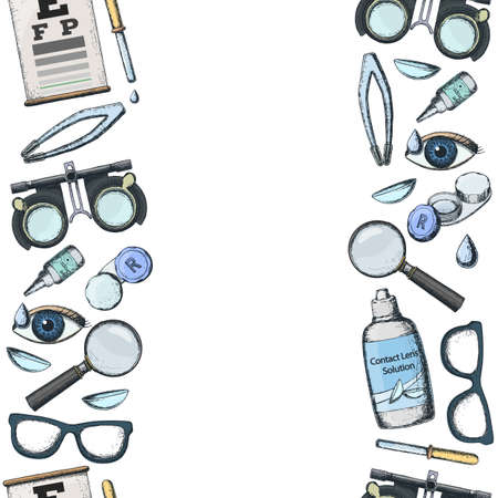 Seamless vertical borders of medical optometry accessory for correct vision - contact lens, solution, lens case eye test chart, glasses.のイラスト素材