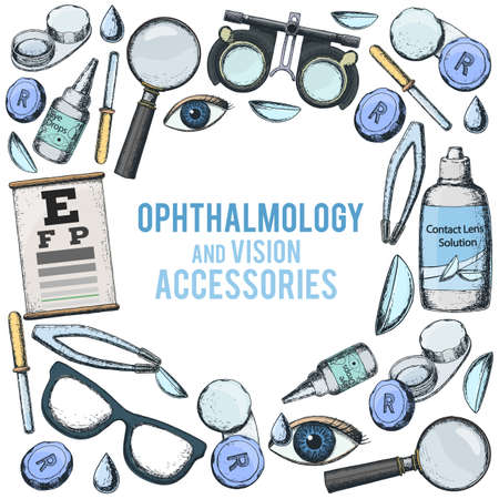 Set of medical optometry accessory for correct vision - contact lens, solution, lens case eye test chart, glasses.のイラスト素材