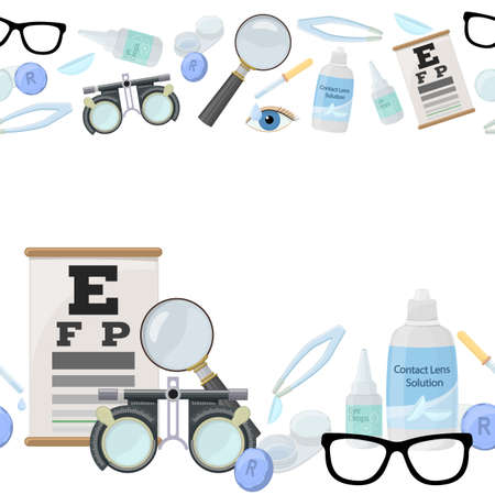 Seamless horizontal borders of medical optometry accessory for correct vision - contact lens, solution, lens case eye test chart, glasses.のイラスト素材