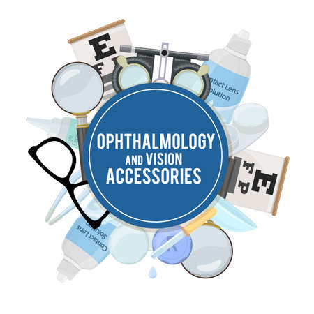Set of medical optometry accessory for correct vision - contact lens, solution, lens case eye test chart, glasses.のイラスト素材