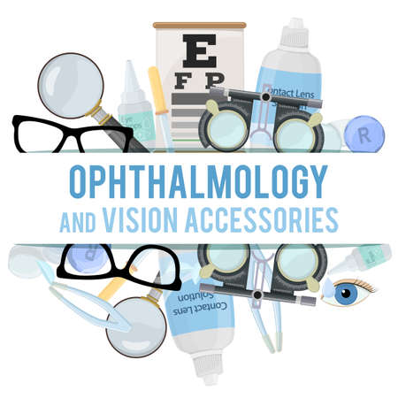 Set of medical optometry accessory for correct vision - contact lens, solution, lens case eye test chart, glasses. Vectorのイラスト素材