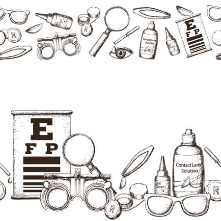 Seamless horizontal borders of medical optometry accessory for correct vision - contact lens, solution, lens case eye test chart, glasses. Vectorのイラスト素材