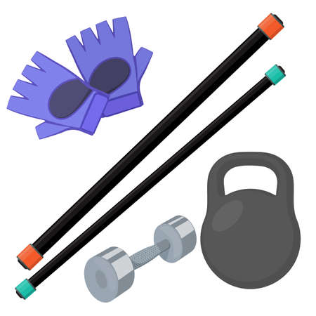 Set of fitness accessories, cartoon illustration of gym equipment for home exercise. Vectorのイラスト素材