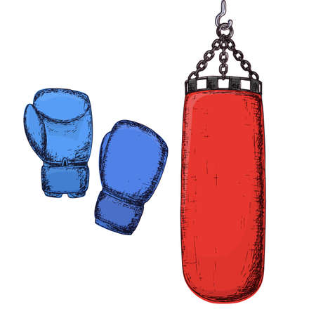 Punching bag and boxing gloves, cartoon illustration of gym equipment for home exercise. Vectorのイラスト素材