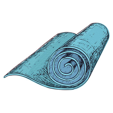 Rolled mat for fitness and yoga, cartoon illustration of gym equipment for home exercise. Vectorのイラスト素材