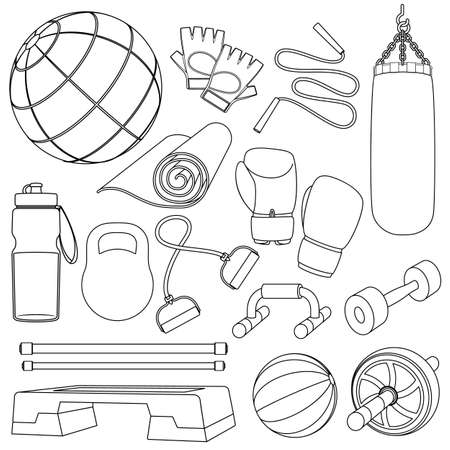 Set of fitness accessories, sketch cartoon illustration of gym equipment for home exercise. Vectorのイラスト素材