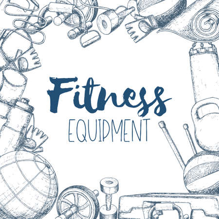 Set of fitness accessories, sketch cartoon illustration of gym equipment for home exercise. Vectorのイラスト素材