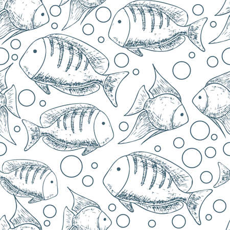 Seamless pattern of tropical sea fishes, cartoon illustration of beach summer background. Vectorのイラスト素材