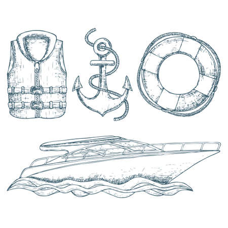 Yacht and water transport accessories on white background, cartoon illustration. Vectorのイラスト素材