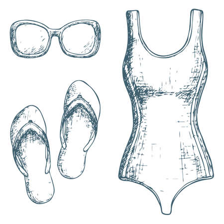 Swimsuit and beach slippers on white background, cartoon illustration of beach accessories for summer holidays. Vectorのイラスト素材