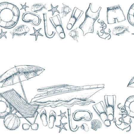 Seamless horizontal borders of beach summer holidays accessories, sketch cartoon illustration. Vector.のイラスト素材
