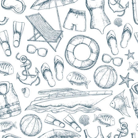 Seamless background of beach summer holidays accessories, sketch cartoon illustration. Vectorのイラスト素材
