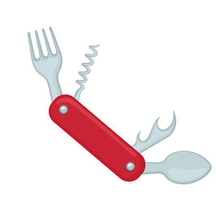 Compact camping tools with knife, fork, spoon cartoon illustration of travel equipment.のイラスト素材