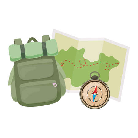 Backpack, map and compass for camping activity tourism, cartoon Vector illustration of travel...