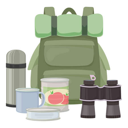 Backpack, canned goods for camping tourism, cartoon illustration of travel equipment. Vectorのイラスト素材