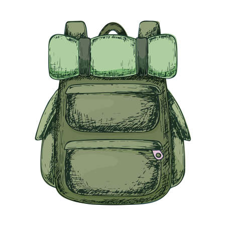 Backpack for camping tourism, cartoon sketch illustration of travel equipment. Vectorのイラスト素材