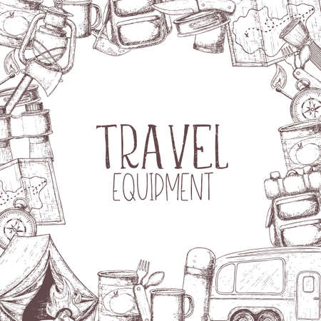 Set of travel equipment. Accessories for camping and camps. Sketch illustration of camping and tourism equipment. Vectorのイラスト素材