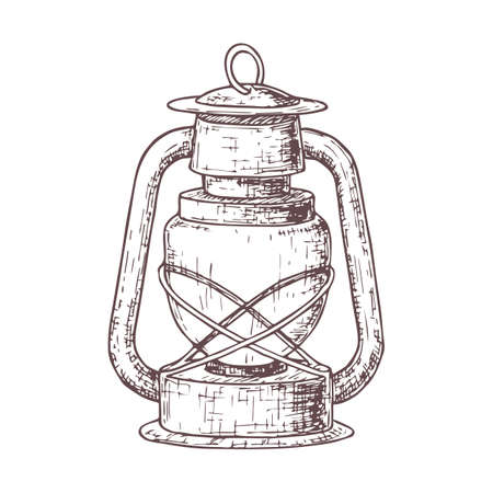 Lamp for camping tourism, cartoon sketch illustration of travel equipment. Vectorのイラスト素材