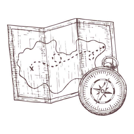 Map and compass for camping tourism, cartoon sketch illustration of travel equipment. Vectorのイラスト素材