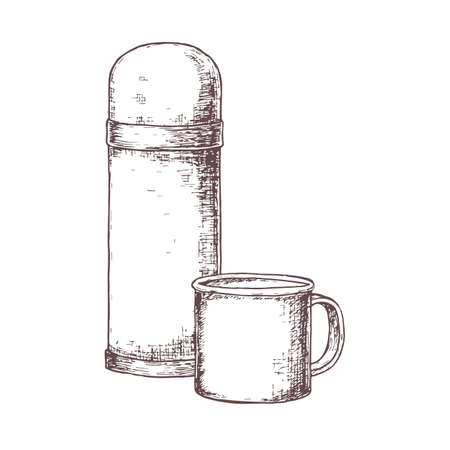 Water container and mug for camping tourism, cartoon sketch illustration of travel equipment. Vectorのイラスト素材