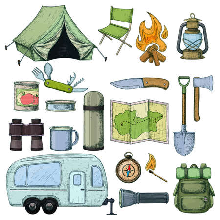 Set of travel equipment. Accessories for camping and camps. Colorful sketch cartoon illustration of camping and tourism equipment.のイラスト素材