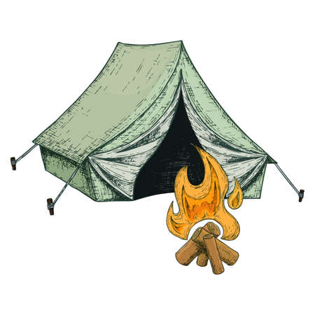 Camping tent for tourism and bonfire, cartoon sketch illustration of travel equipment. Vectorのイラスト素材